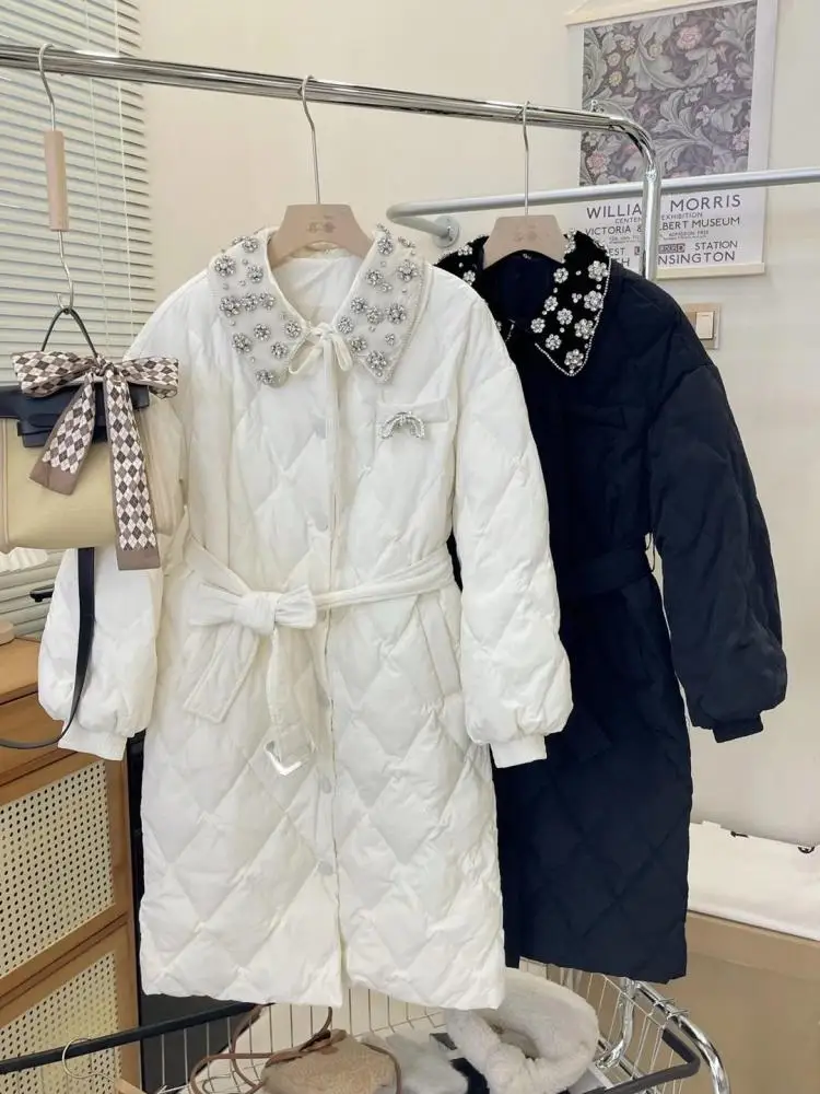 

Medium Long Down Jacket Women Lapel With Diamond Inlaid With Belt Single Breasted Korean Fashion Lace Up Warm Puffer Coat