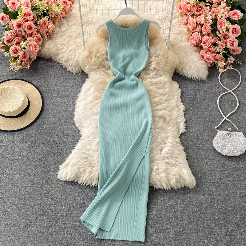 

2022 Summer Hollow Out Twisted Back Sleeveless High Slit Sexy Women Knitted Dress Solid Color Feminine Mid-Calf Dress