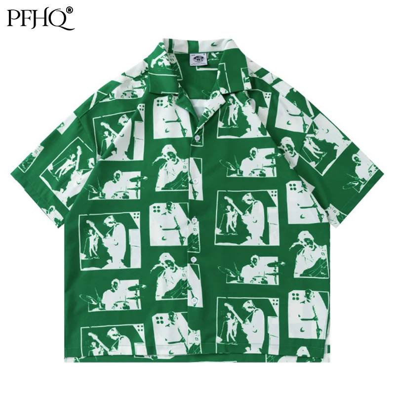 

PFHQ American Street Print Turn-down Collar Short Sleeve Men's Shirt Fashion Brand Loose Handsome Casual Male Tops 21B4683