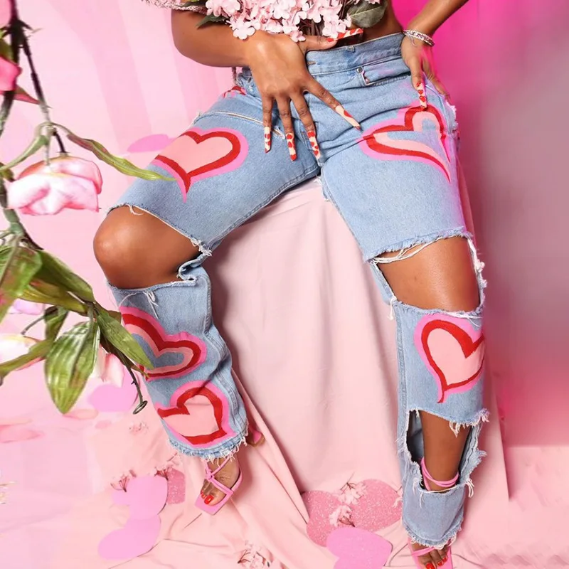 

Cotton Heart-Shaped Hole Jeans Casual High Waist Women Summer Destroyed Ripped Distressed Straight Cool Denim Streetwear Pants