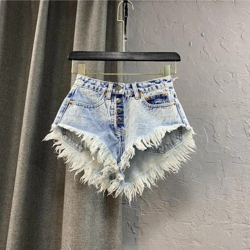 

Women's Jean Shorts Summer High Waist Single-Breasted Wide Leg Hot Pants Ripped Fringed Burr Denim Short Femme Ropa Mujer p359