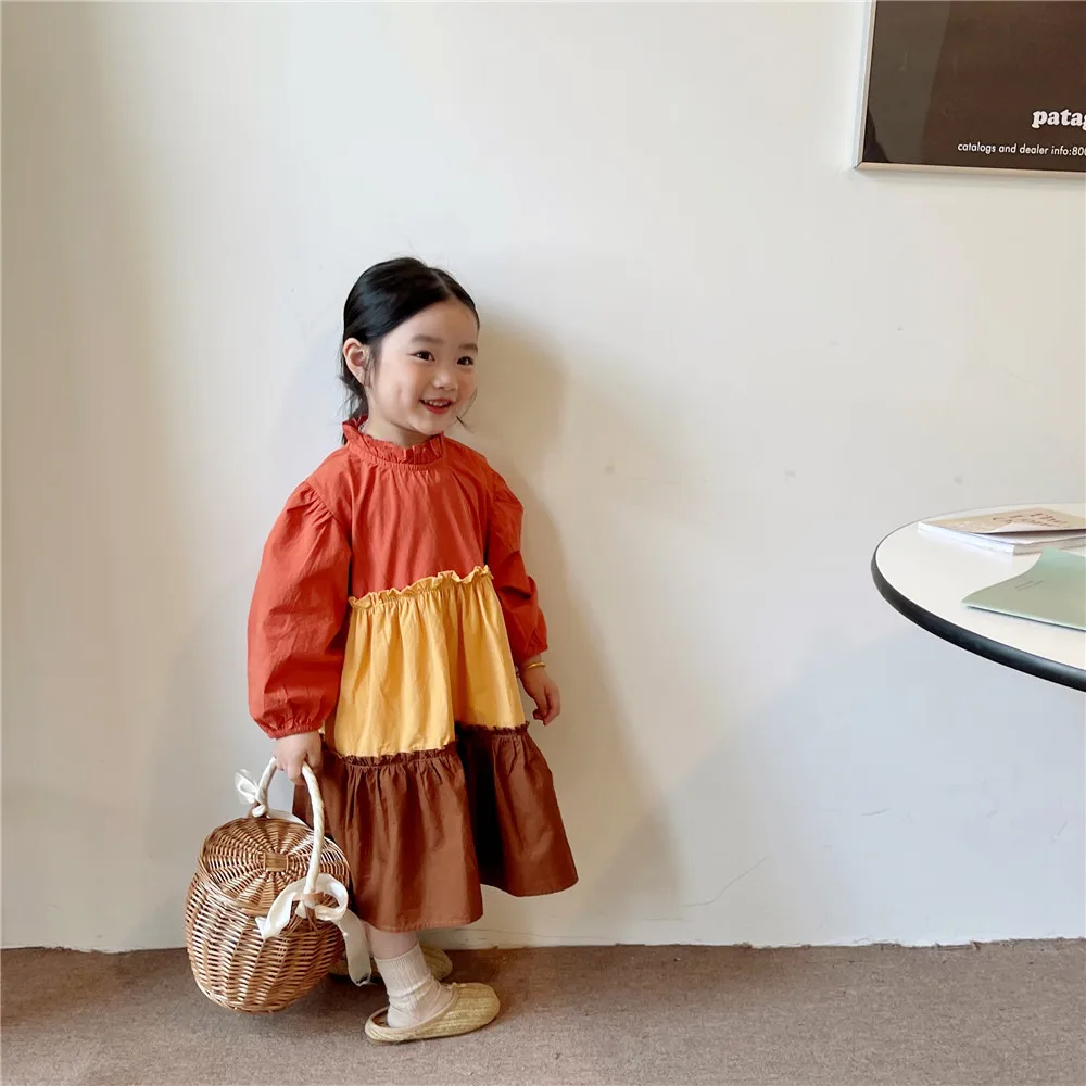 

Baby girls 3 colors patchwork long style dress Little princess casual cotton