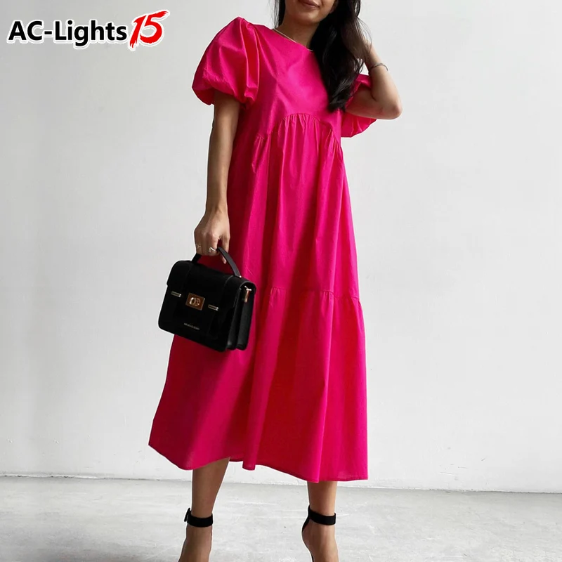 

Women's Summer Maxi Dress 100% Cotton Puff Sleeve O Neck A-line Oversize Short Sleeve Midi Dress White Green Long Casual Dress