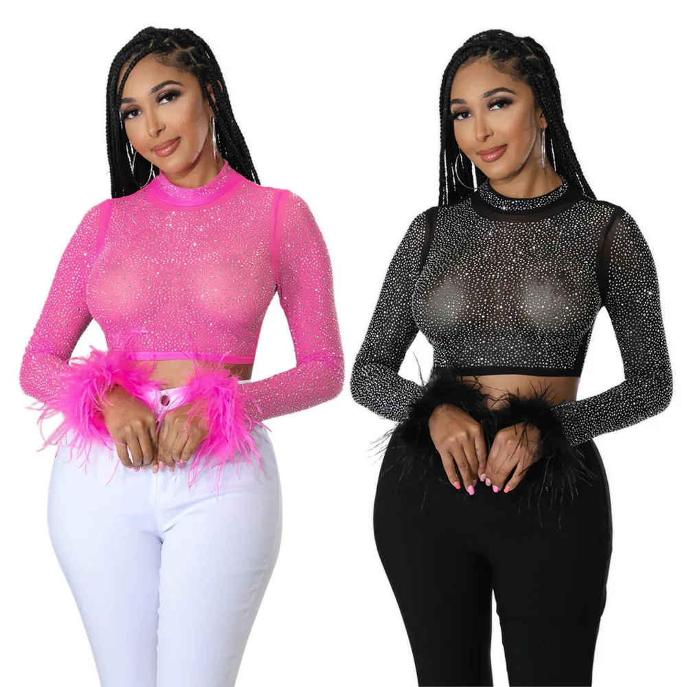 

Rhinestone Beading Long Sleeve Tshirt For Women See Through Mesh Pullover Tight Slim Fit Tops Feathers Glitter Diamond Sexy Club