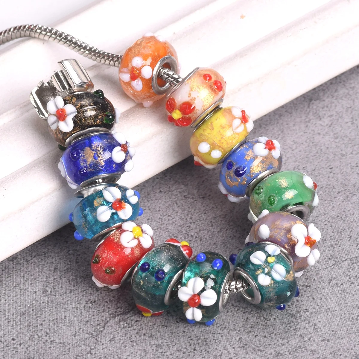 5pcs 15mm Handmade Flower Rondelle European Charms Murano Lampwork Glass Big Hole Beads For Jewelry Making DIY Bracelet Findings