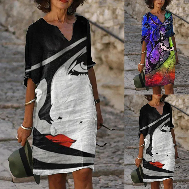 

Elegant Women Dress Summer Vintage Print V-Neck Half Sleeve A-Line Dress Sundress 2022 Fashion Female Loose Dresses Vestidos