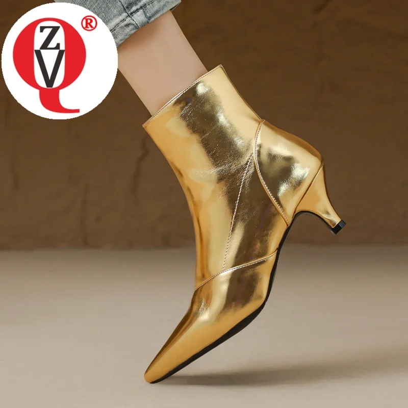 

ZVQ Fashion Ankle Boots Woman Pointed Toe Side Zipper Gold Silver Black Drop Shipping Brand Winter Shoes Ladies Party Booties