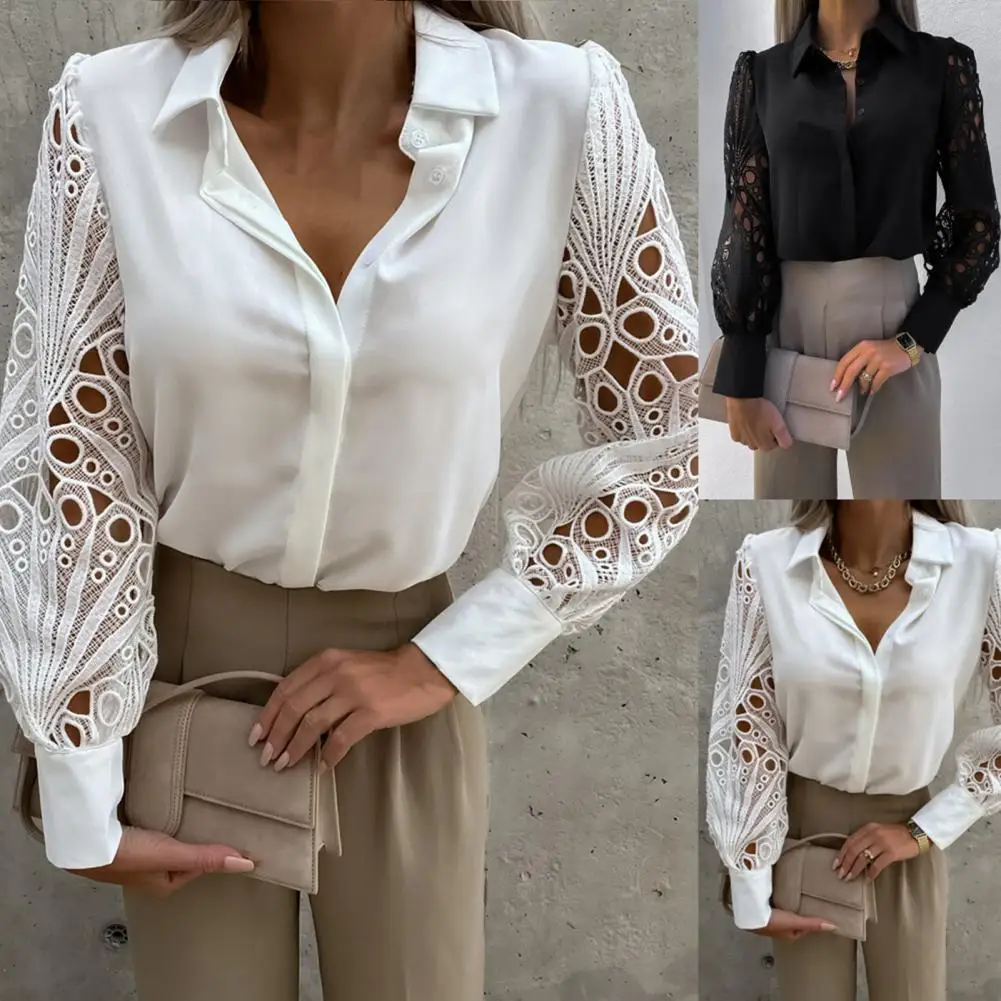 

Office Lady Shirt Solid Color Lace Patchwork Spring Summer Slim Single-breasted Top for Office Party