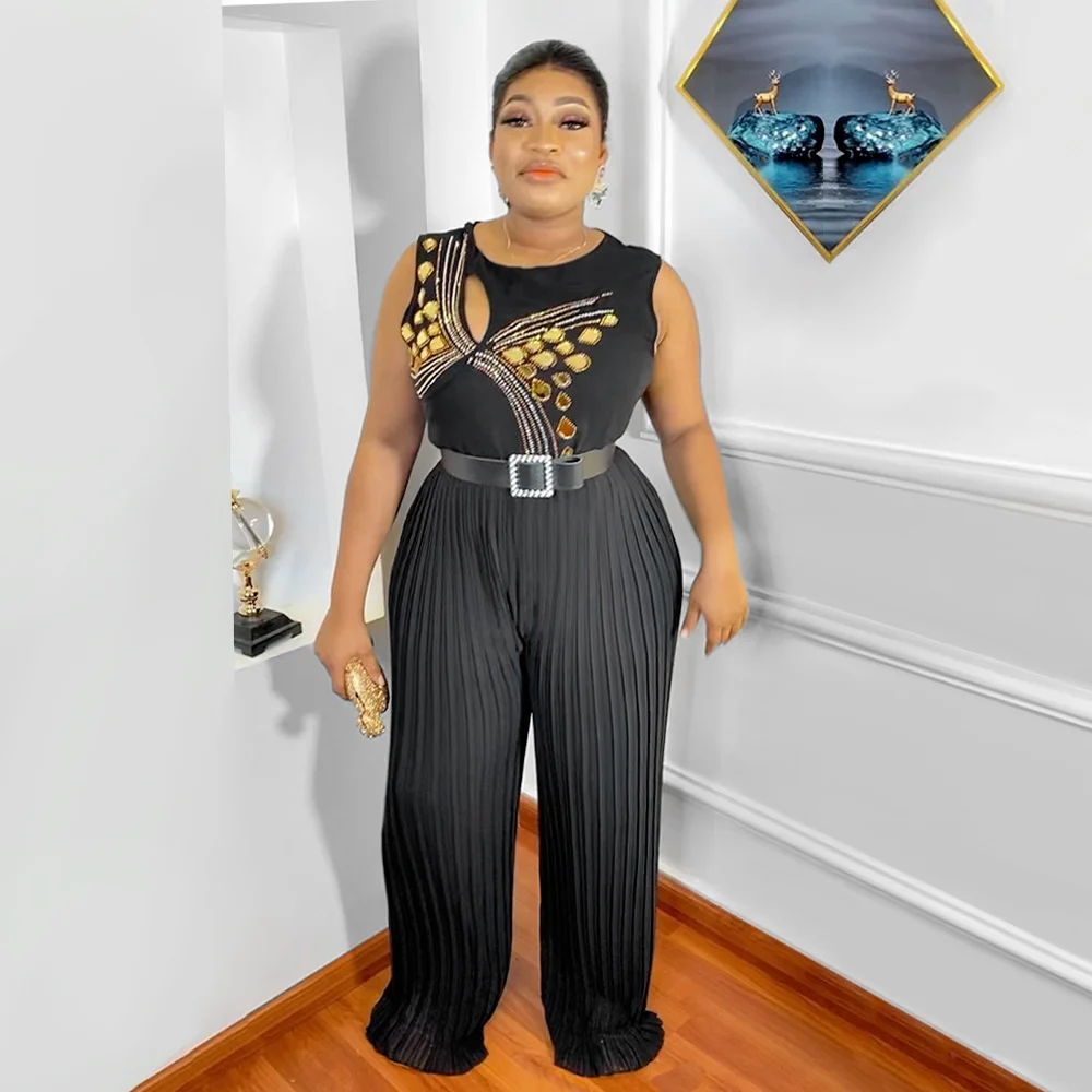 Plus Size 2023 Fashion New Round Neck Sleeveless Hot Diamond Casual Loose Women's Belt Curled Hollow Out Commuter Jumpsuit