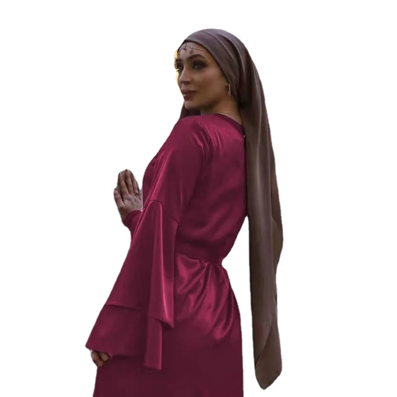 2022 New European And American Solid Color Satin Dress Double Layer Flare Sleeve Middle East Muslim Women 'S Robes