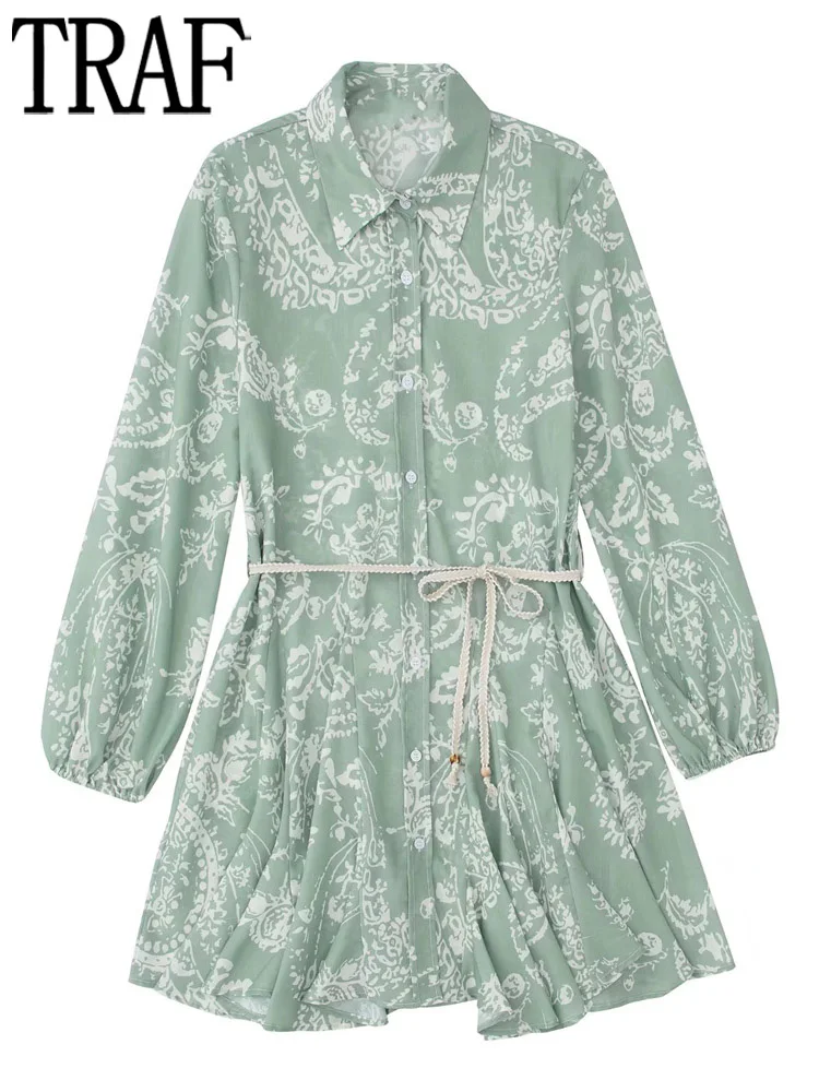 

TRAF Green Print Shirt Dress Woman Ruffle Short Dress Women Long Sleeve Summer Dresses Woman 2022 Streetwear Summer Female Dress