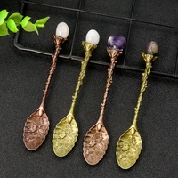 relief carving flowers long handle mosaic heart natural amethyst white crystal gemstone metal ice cream dessert specialty spoons