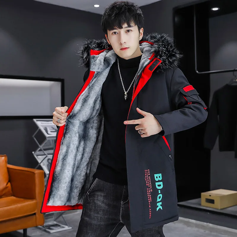 Oversized Men's Mid-Length Cotton Padded Jacket Youth Male Fashion Big Fur Collar Hooded Windbreaker Outdoor Warm Park
