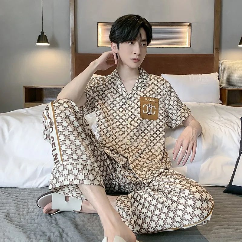 New Satin Chiffon Silk Couple Pajamas 2023 Spring/Summer Men's and Women's Short Sleeve Pants White Black Set