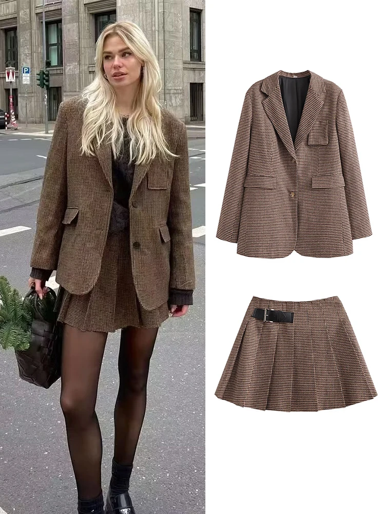 

Women Fashion Single Breasted Blazer Coat And High Waist Leather Button Embellished Pleated Skirt Female Two Piece Sets Mujer