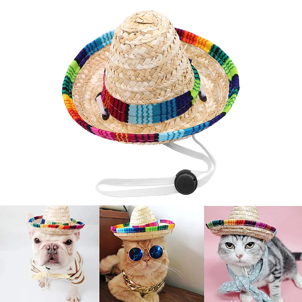 

2Pcs Decorative Dog Hat Woven Sombrero Hat Small Puppy Caps Pet Dog Decors