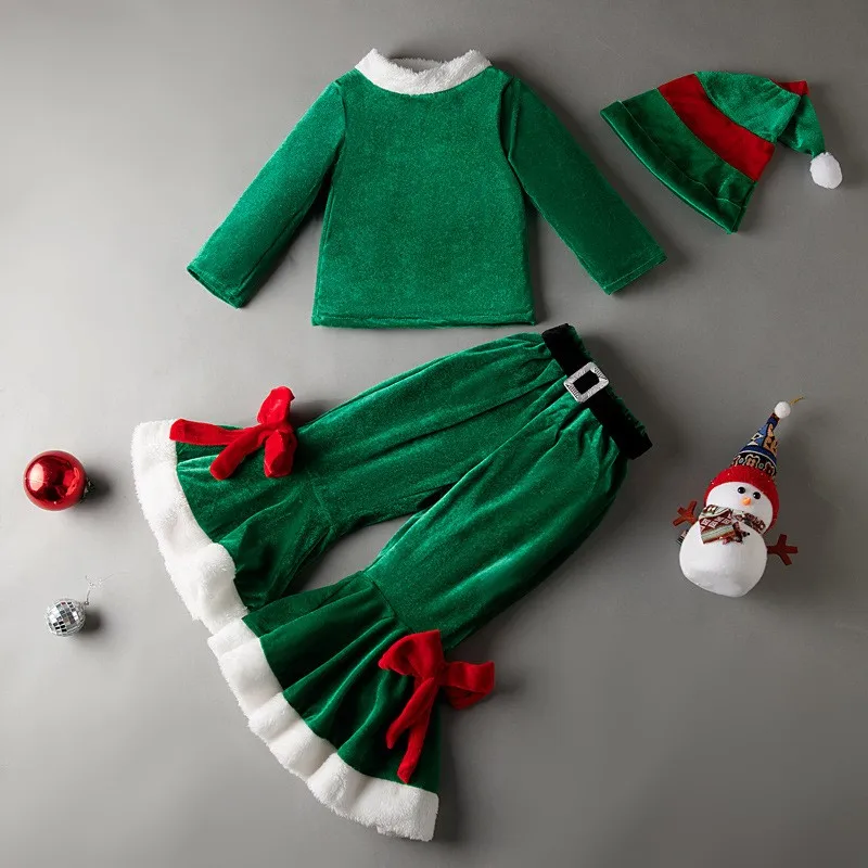 Christmas Winter Outfits Girls Cute Infant Santa Claus Cosplay Costume Kids Long Sleeve Top +Pants +Hat Toddler Dress With Doll