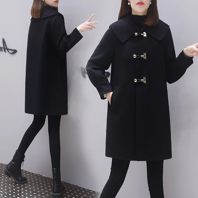 

Black imitation double-sided woolen coat, women's mid length autumn/winter new loose fitting doll collar, bright buttoned