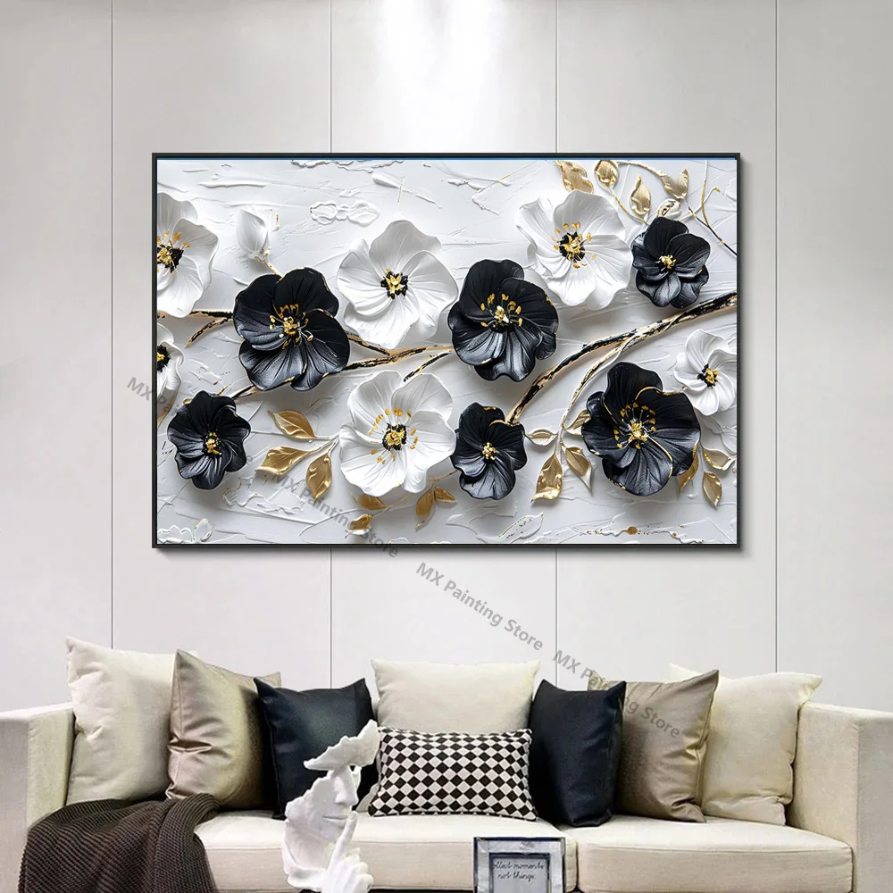 Абстрактное искусство черно-белые цветы Золотые листья на холсте плакаты