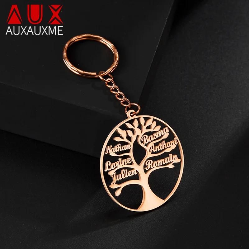 Auxauxme Custom 1-8 Names Tree Of Life Keychain Personalized Stainless Steel Tree Keyring Family Member Birthday Anniversary Gif