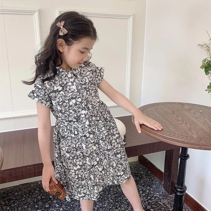 

summer kids clothes Fashionable short sleeves baby girls dress French style retro pattern girl print dress
