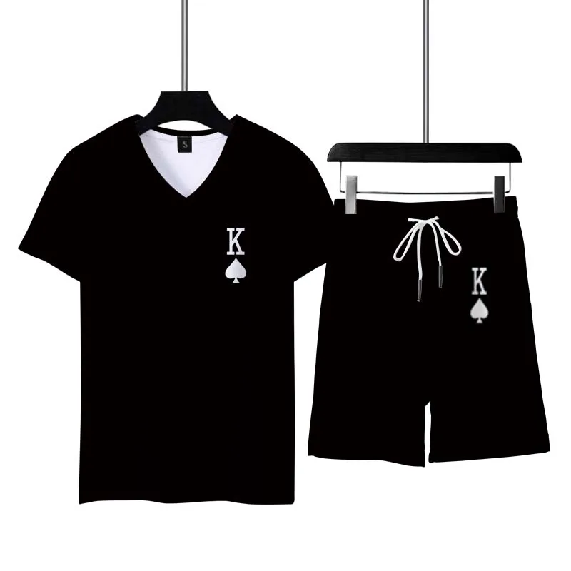 Summer Men's Tracksuit Casual Short Sleeve Solid Color Crown K A3D Print Outfit V- Neck Male T-shirt Sportswear Comfortable Top