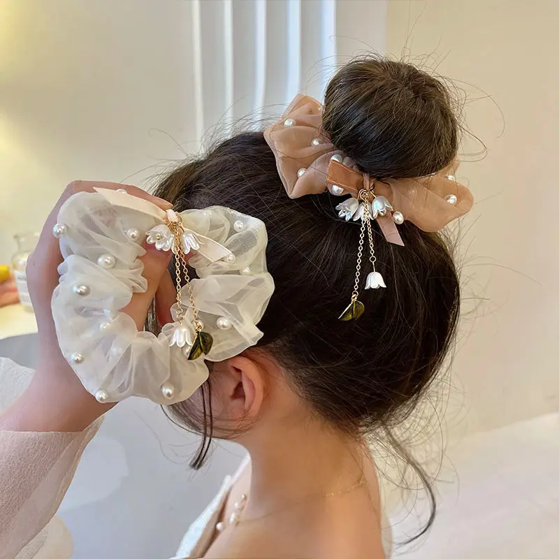 

Sen pearl large intestine hair ring ins head rope girls high-end hair rope super fairy temperament tassel rubber band