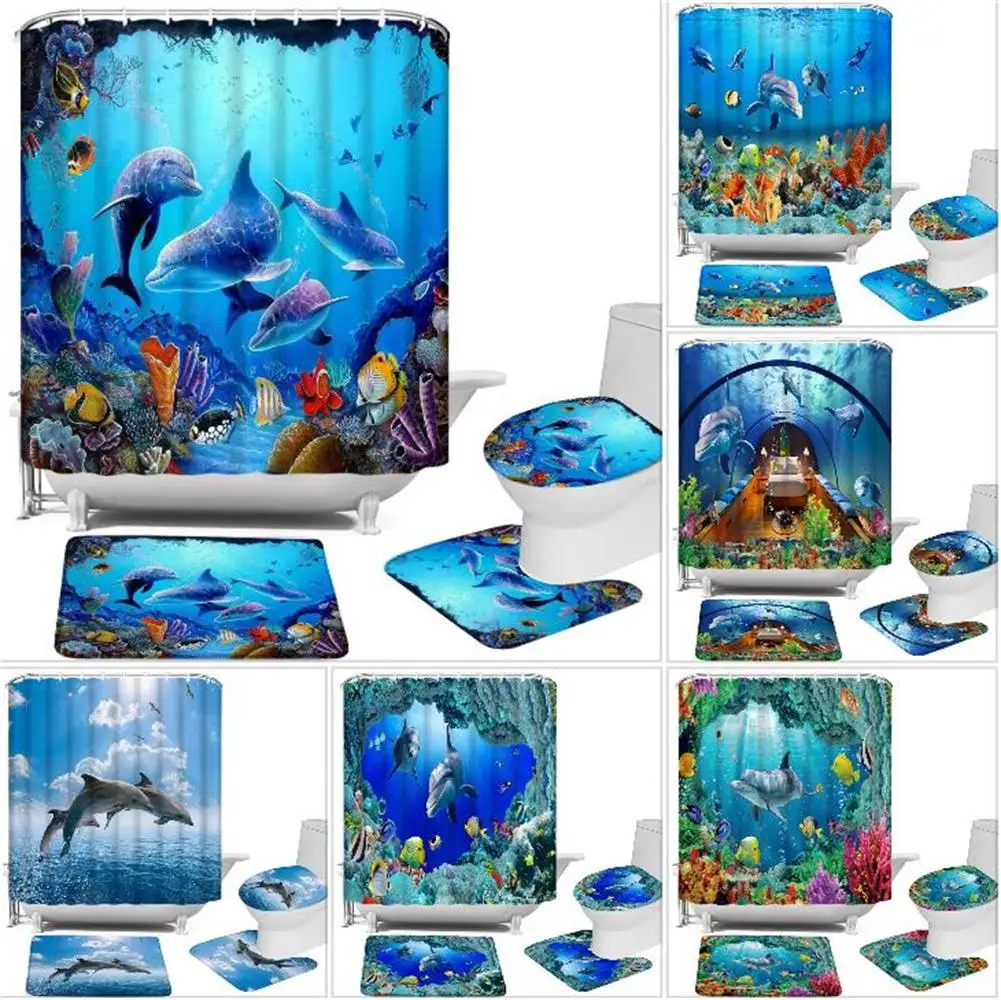 

Marine Animals Dolphins Shower Curtain Fish Blue Underwater Landscape Toilet Seat Cover Bath Mat Set Bathroom Decor