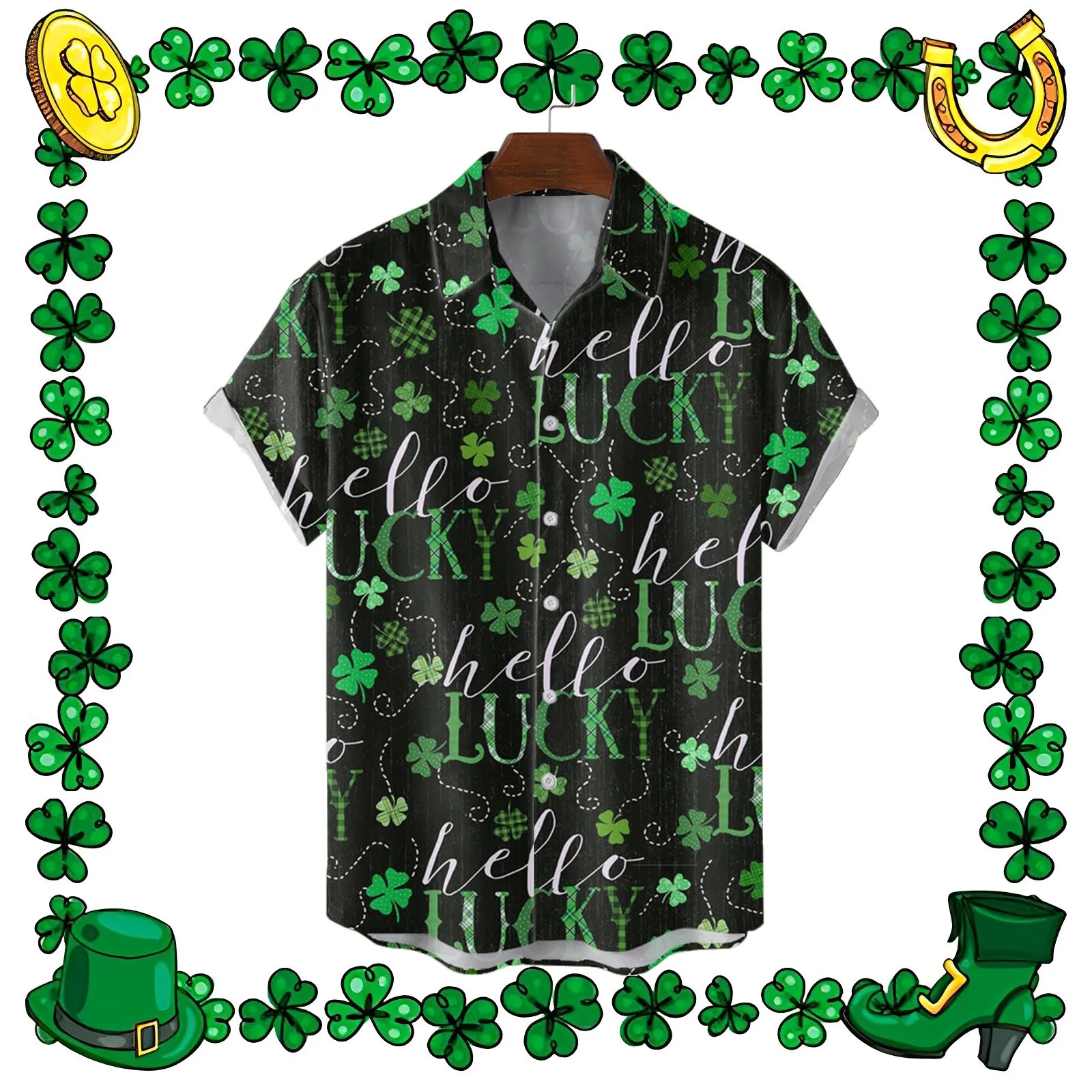 

St Patricks Day Shirt Summer Lucky Letter Print Casual Shirts Blouses Short-sleeved Harajuku Oversize Green Shirts