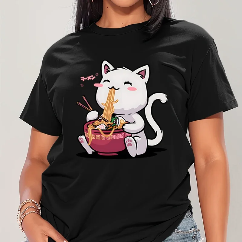 Белая забавная женская футболка с изображением Неко кошки едущей лапши молодой