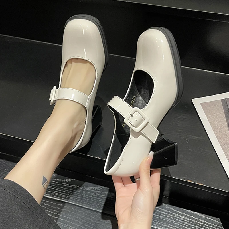 

Retro Women Shoes Square Toe Branded Pumps Chunky Sandals Casual Heels Footwear Basketball Platform Mary Jane 2022 Fashion Block