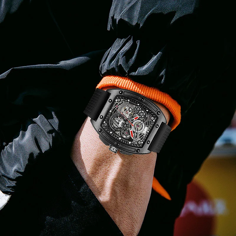 Механические полые деловые мужские механические часы с винной бочкой