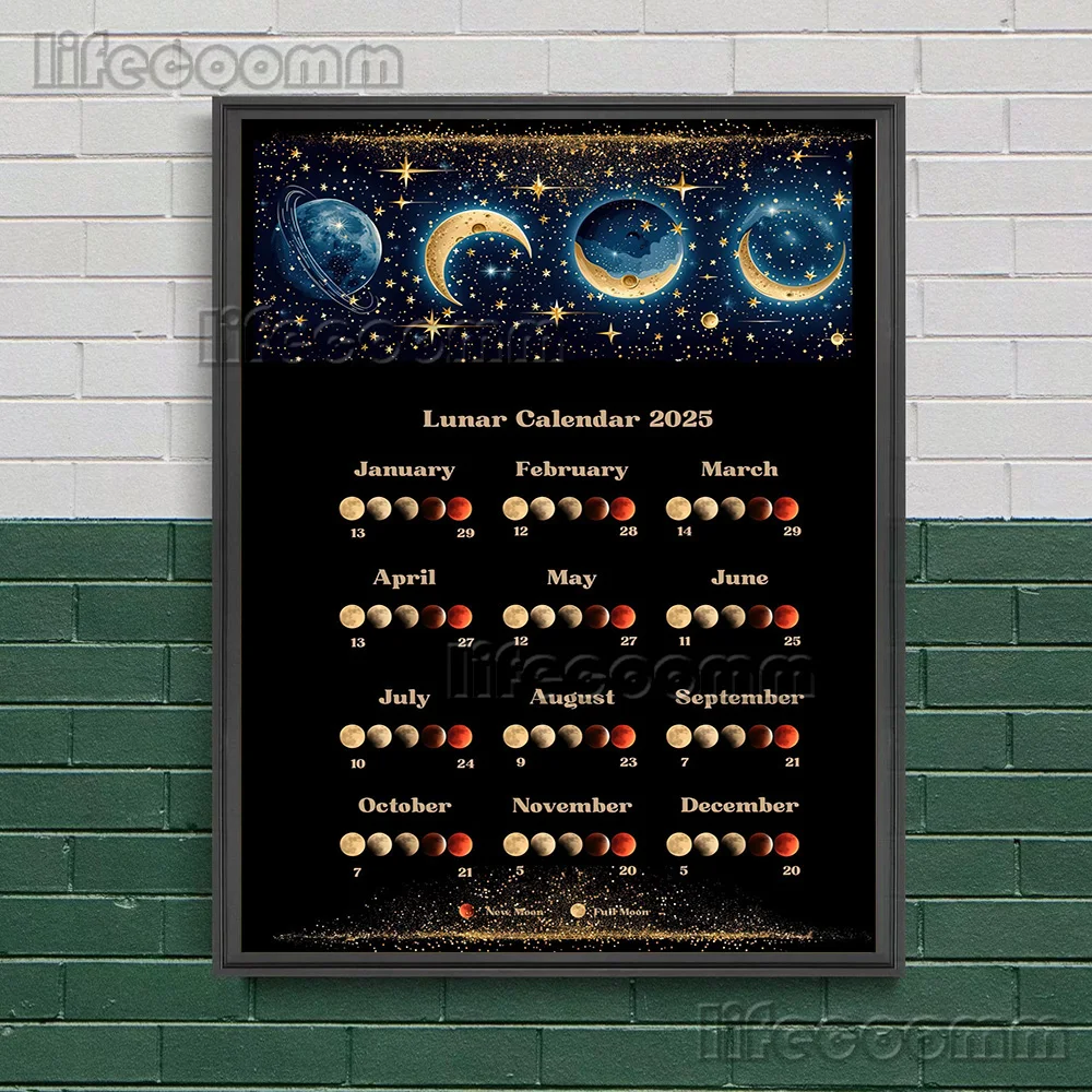 

Календарь фазы Луны 2025, календарь фазы Луны, настенное искусство, холст, живопись, волшебная Астрология, художественный плакат и печать, домашний декор без рамки