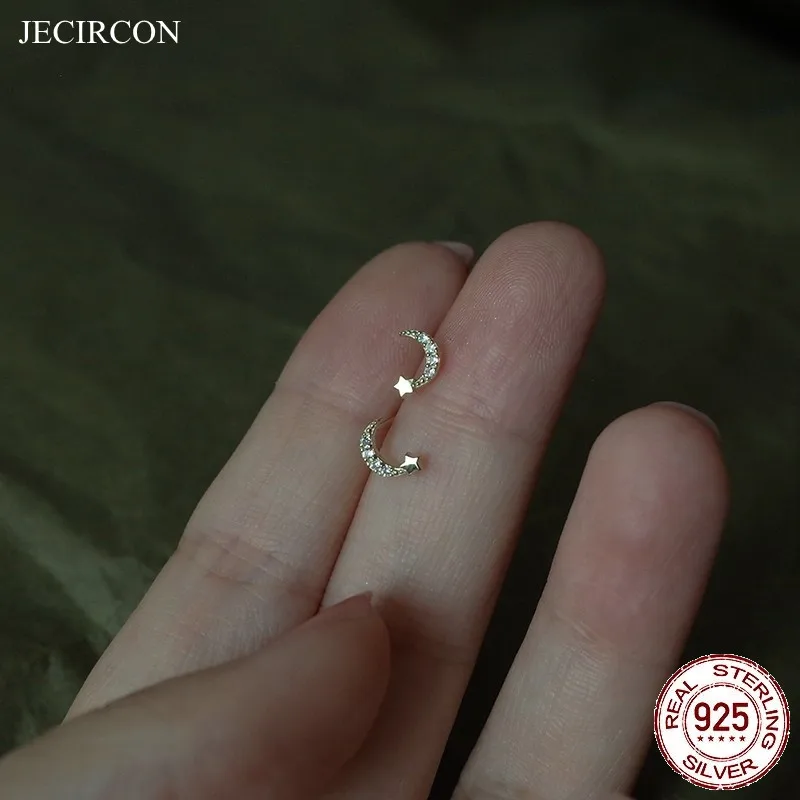 

JECIRCON Cute Mini Star and Moon 925 Sterling Silver Stud Earrings for Students Minimalist ins Small Earrings Fashion Jewelry