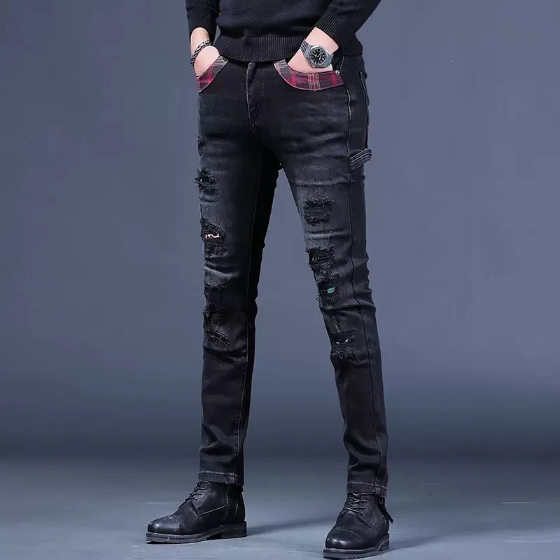 Men Ripped Patches Black Jeans Autumn Mens Slim Fit Pencil Pants Streetwear Fashion Plaid Patchwork Stretch Denim Trousers