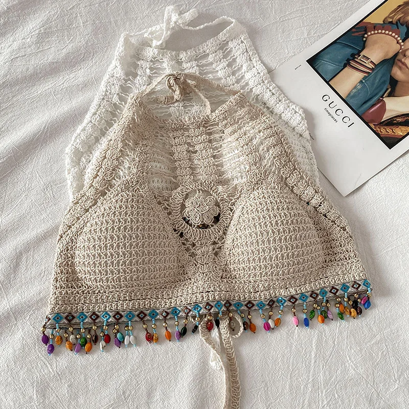 Летняя пляжная одежда, модная женская кофта с вырезами, Женский корсет с бахромой, короткий топ, богемный жилет на бретелях для девушек