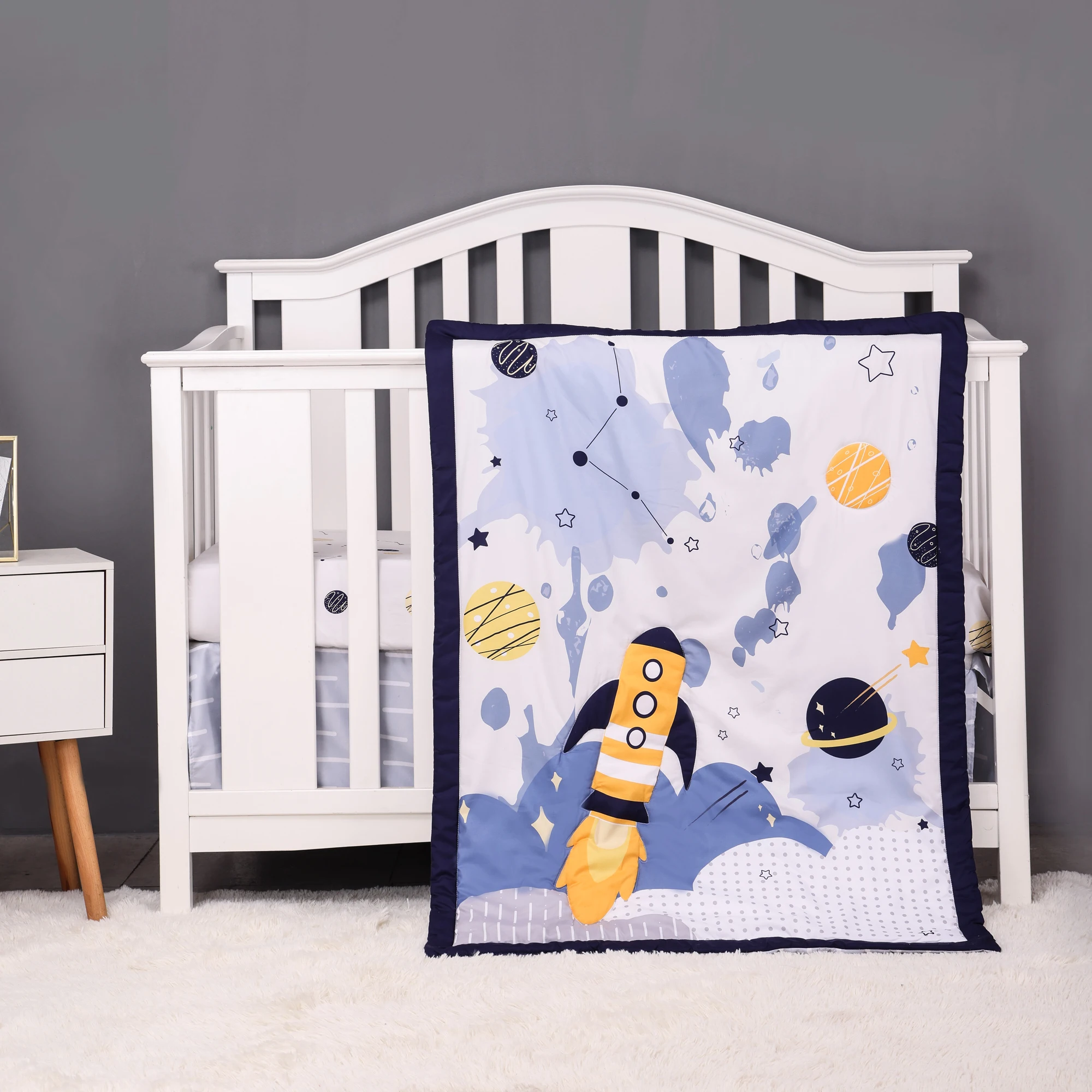blue outspace 4 pcs Baby Crib Bedding Set for Girls and boys including quilt, crib sheet, crib skirt,pillow case