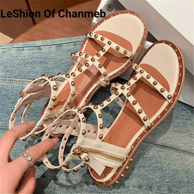 

Leshion Of Chanmeb New Punk Women Genuine Leather Gladiator Sandals Metal Rivets Zipper Summer Flat Sandal Ladies Beach Shoes 40