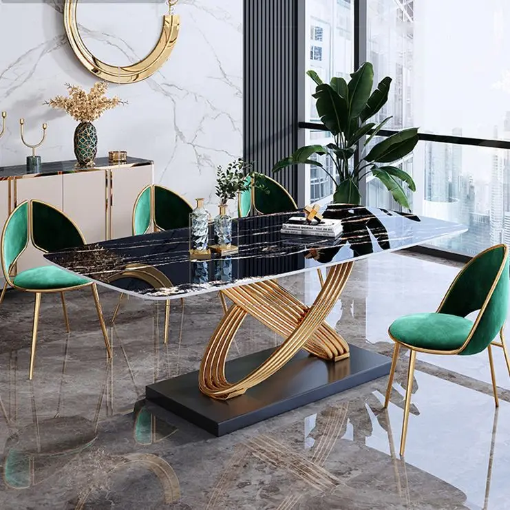 

Luxury dining tables and chairs combination color rock plate small apartment luxury fashion Italian metal dining table