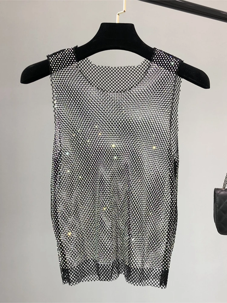 Crystal Beading Shiny Tanks Party Club Sexy Hollow Out Diamonds Stamping Camis Winky Sleeveless Vest