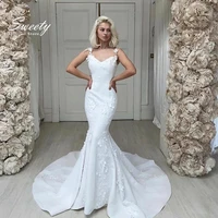 luxury wedding dress organza satin with lace mermaid ball gown v neck spahrtti strap sleeveless zipper vintage robes de mari%c3%a9e