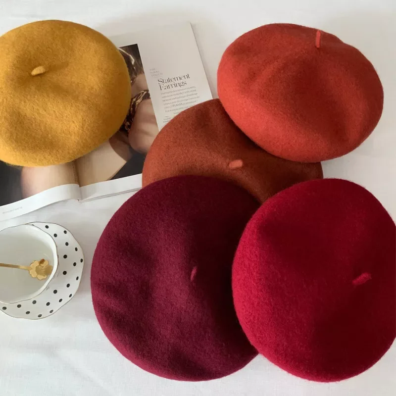 

Women Girl Beret French Artist Warm Wool Winter Beanie Hat Retro Vintage Plain Beret Solid Color Elegant Ladies Winter Hat