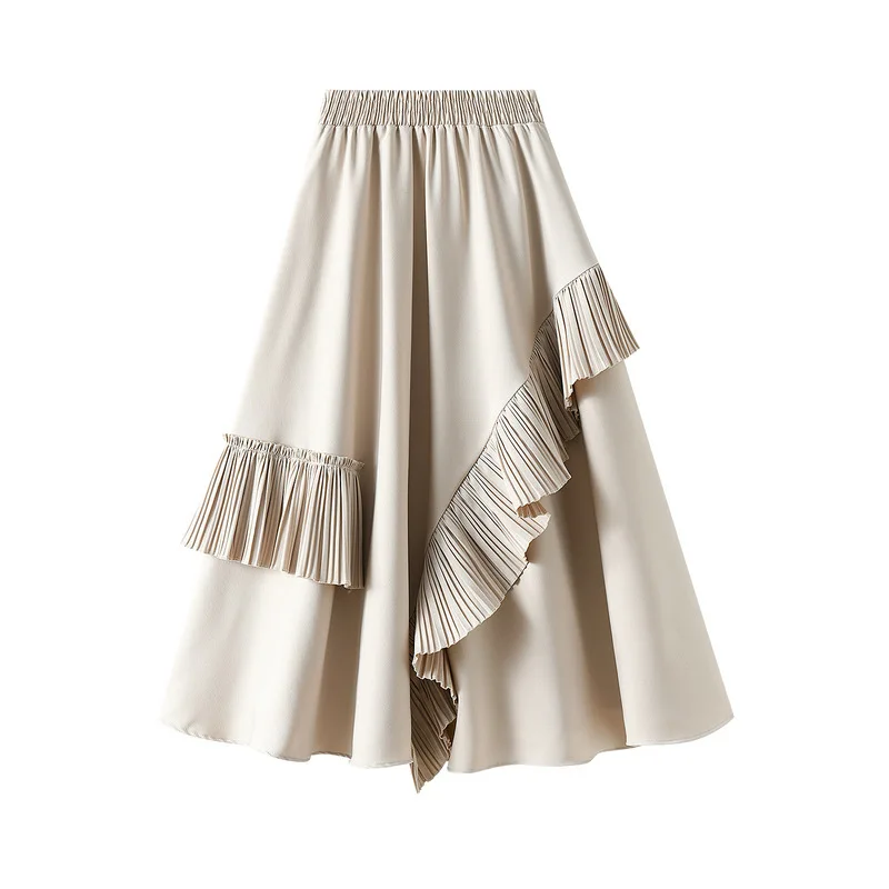 

Women Spring Summer Korean Elegant Chic Ruffle edge Solid Pleated Irregular Skirt High Waist Luxury Fashion New Elastic Female