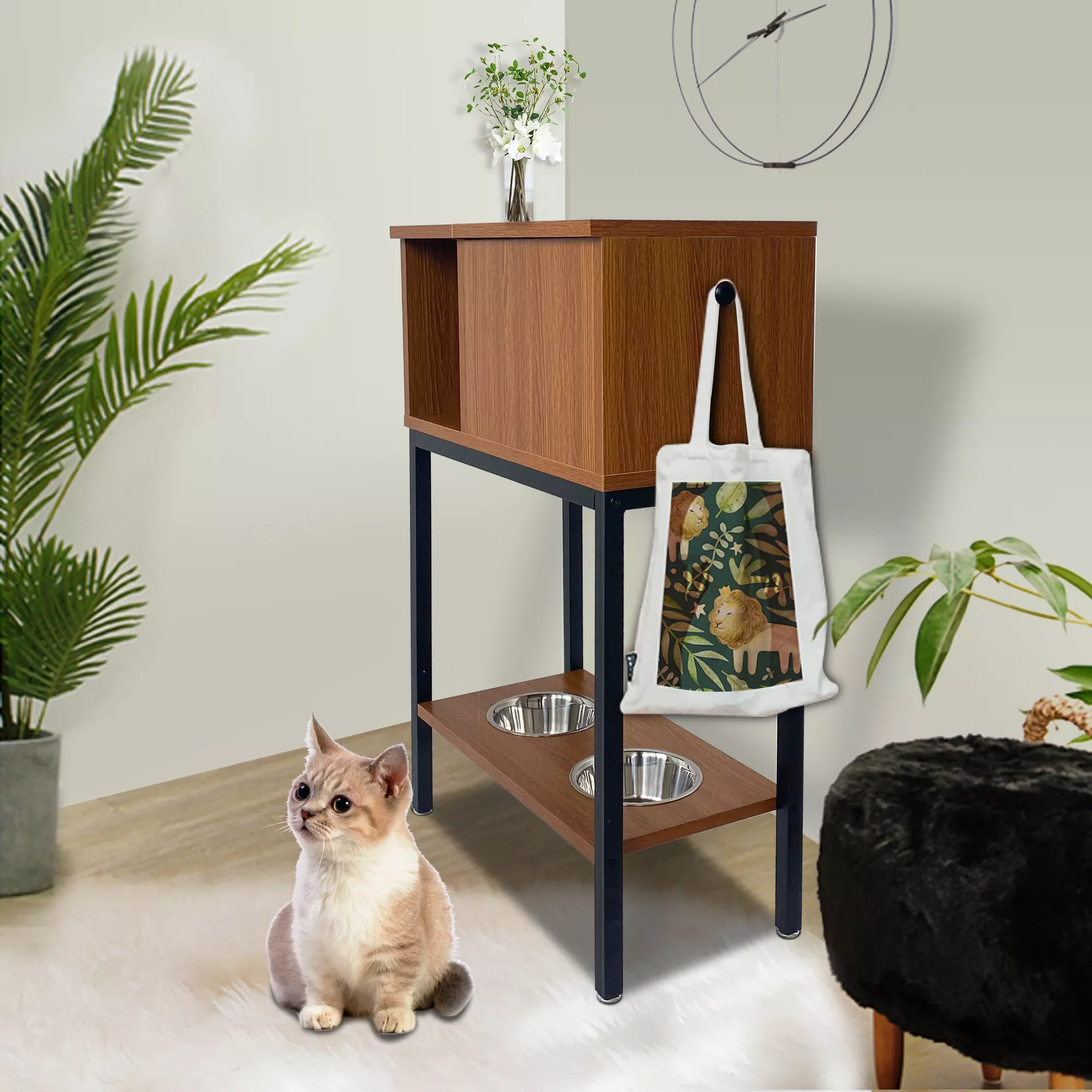 

PET FEEDING CABINET CAT/DOG FEEDING FURNITURE WITH 2PCS STAINLESS STEEL BOWL,