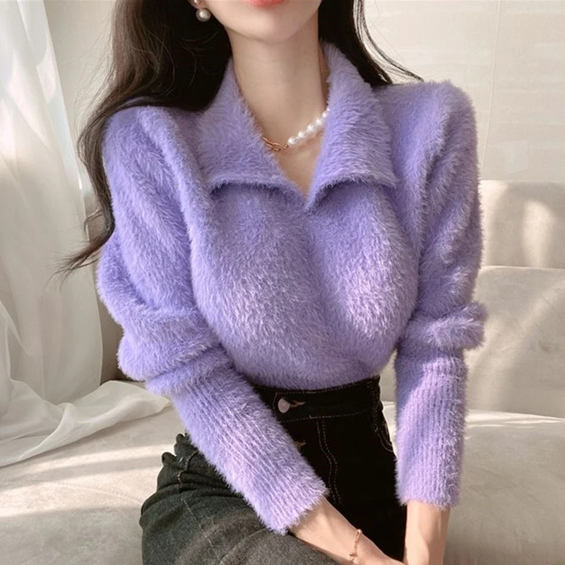 

Fashion Mink Soft Turn Down Collar Jumper Korean White Pullover Sweater Warm Long Sleeve Tops Autumn Winter Women Clothes 24466