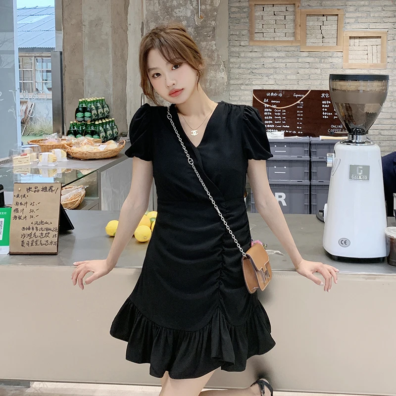 

COIGARSAM Women's Summer Dress 2022 New Sexy Chiffon High Waist V-Neck White Black Dresses Dropshipping