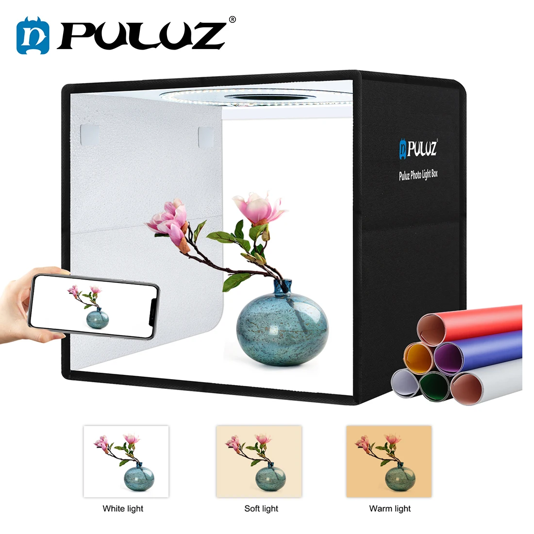 

PULUZ 25/40cm LED Ring Dimmable Lightbox 3 light modes Photo Lighting Studio Shooting Tent Box 6 x Dual-side Color Backdrops