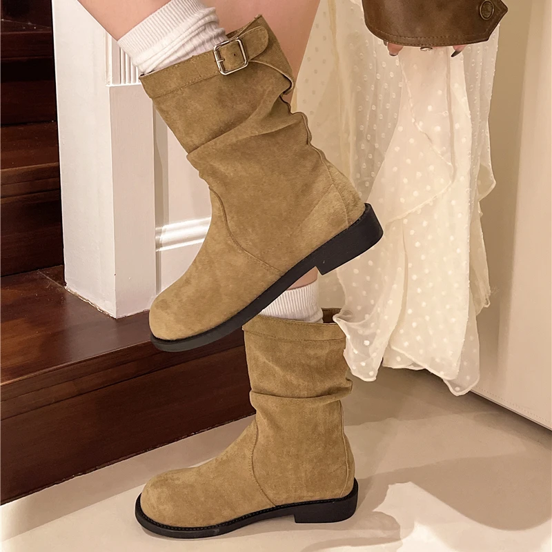 Женские ботинки на низком каблуке Нескользящие с ремешком и пряжкой