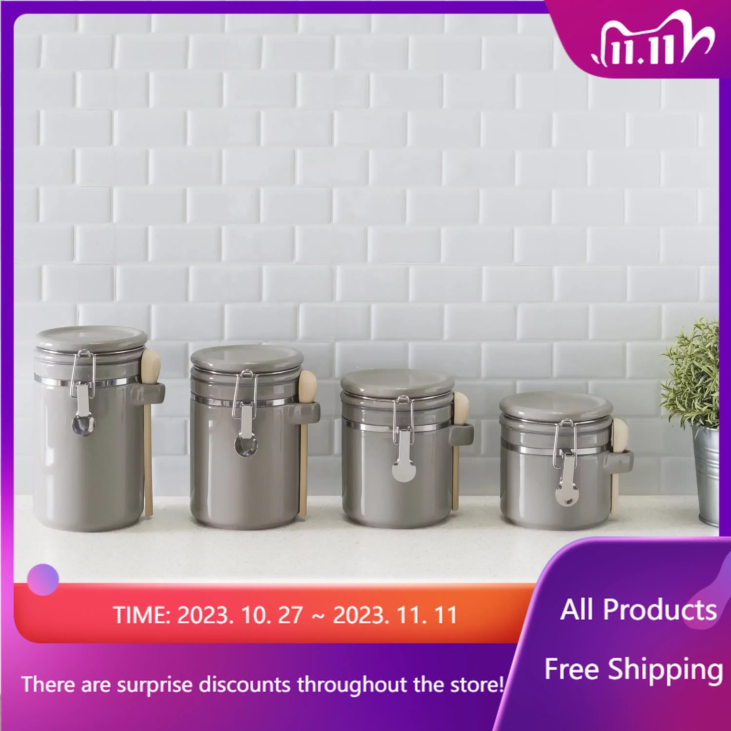 

4 Piece Ceramic Canisters with Easy Open Air-Tight Clamp Top Lid and Wooden Spoons, Grey, Kitchen Storage Container, Container S