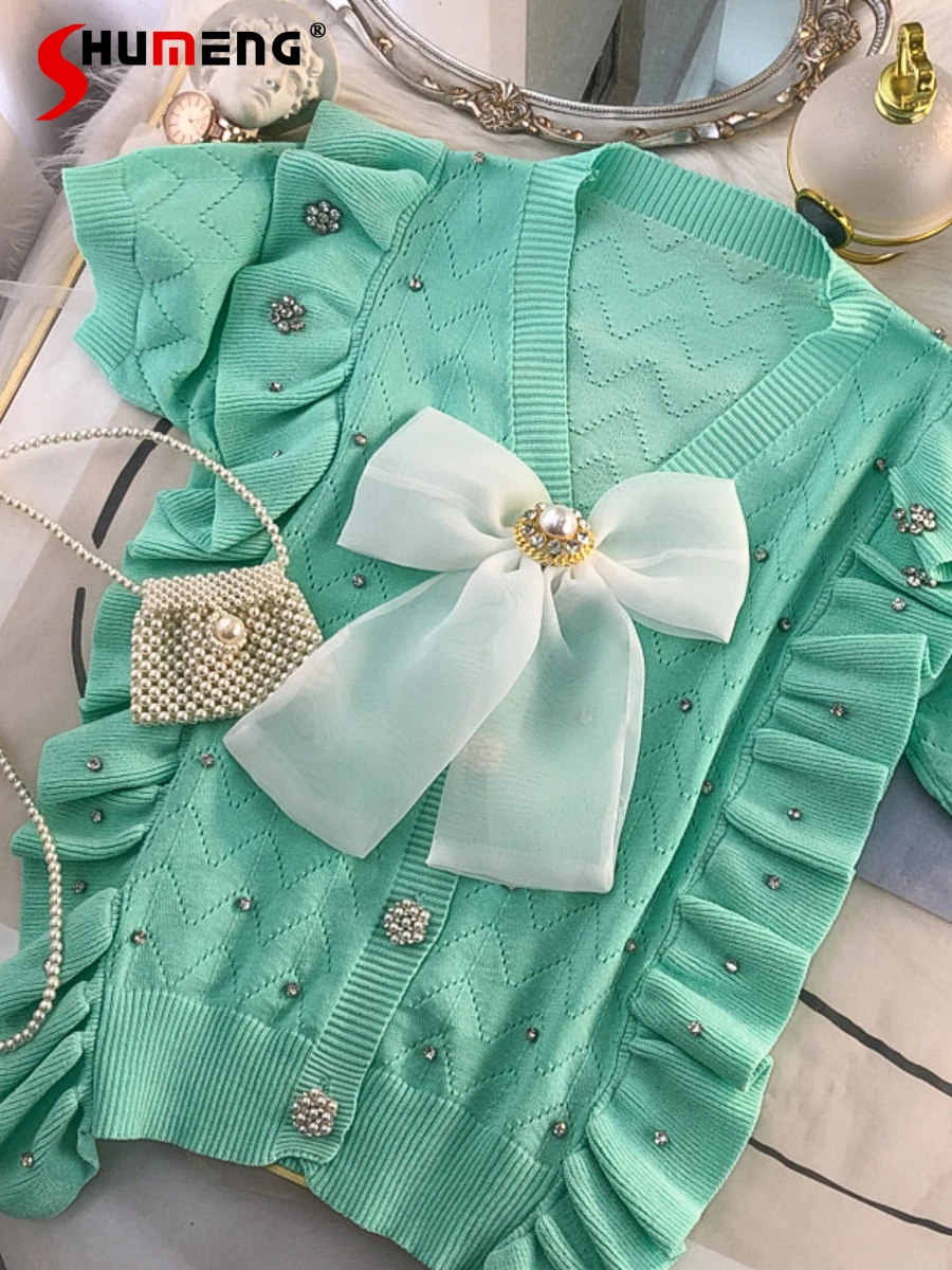 

French Style Fashion Gentle Beaded Bowknot Ruffled Knitted Cardigan Coat Women's 2022 Summer New Sweet V-neck Hollow Sweater